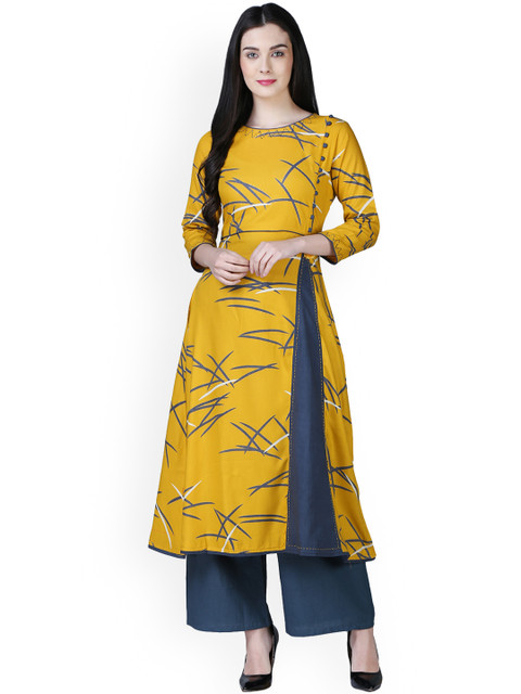 

Kurti's by Menka Women Mustard Yellow Printed A-Line Kurta