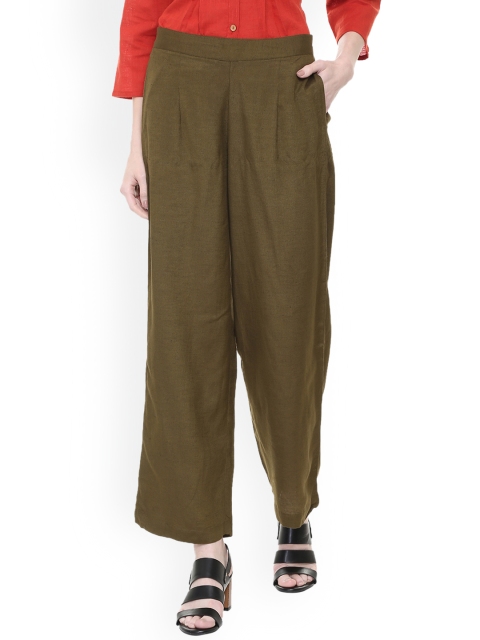 

People Women Olive Green Regular Fit Solid Regular Trousers