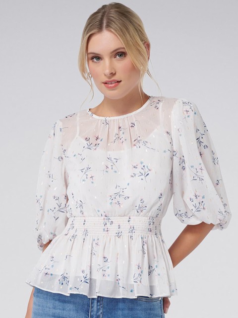 

Forever New Women White Printed Balloon Sleeves Empire Top