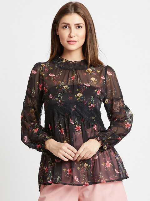 

COVER STORY Women Black Printed Sheer Top