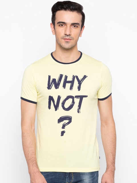 

Status Quo Men Yellow Printed Slim Fit Round Neck Pure Cotton T-shirt