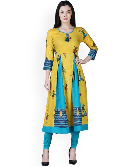 

Kurti's by Menka Women Yellow & Turquoise Blue Printed Anarkali Kurta