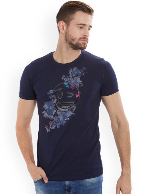 

Status Quo Men Navy Blue Printed Round Neck Pure Cotton T-shirt