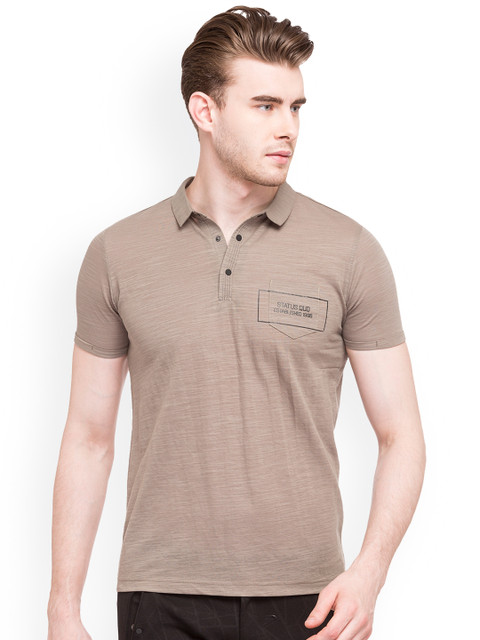 

Status Quo Men Beige Printed Polo Collar T-shirt
