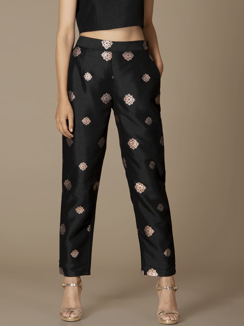

INDYA Women Black Regular Fit Printed Trousers
