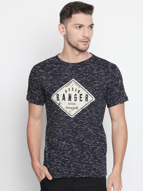 

Urban Ranger by pantaloons Men Navy Blue Slim Fit Printed Round Neck Pure Cotton T-shirt