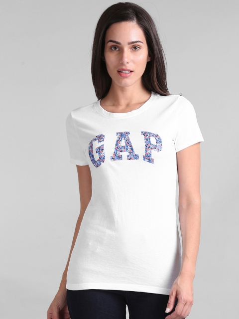 

GAP Women White Short Sleeve Floral Print T-Shirt