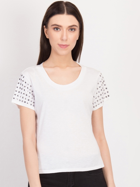 

LA LOFT Women White Solid Round Neck T-shirt