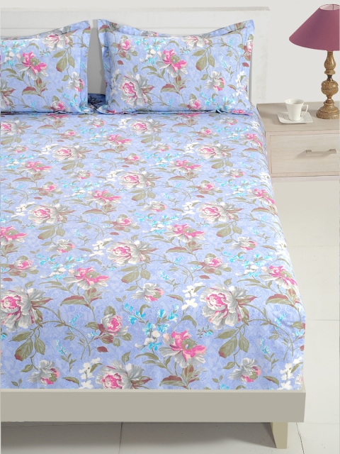 

SWAYAM Blue Floral Fitted 144 TC Cotton 1 Queen Bedsheet with 2 Pillow Covers