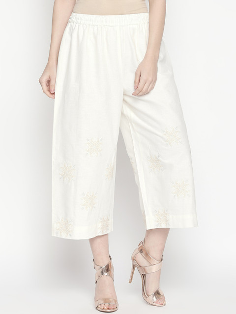 

RANGMANCH BY PANTALOONS Women Off-White Wide Leg Solid Palazzos