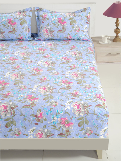 

SWAYAM Blue & Grey Floral Flat 144 TC Cotton 1 Queen Bedsheet with 2 Pillow Covers