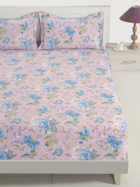 

SWAYAM Pink & Blue Floral Flat 144 TC Cotton 1 King Bedsheet with 2 Pillow Covers