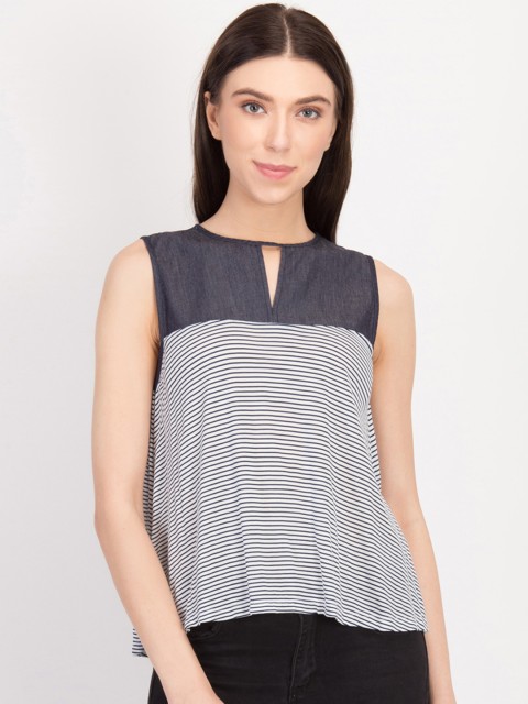

LA LOFT Women Off-White Striped A-Line Top