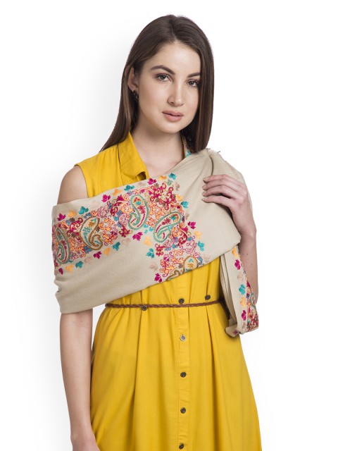 

SHINGORA Women Beige Floral Embroidered Woollen Shawl