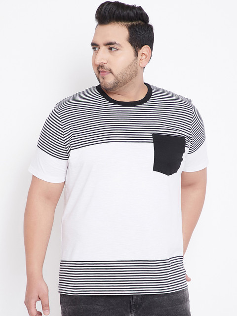 

bigbanana Plus Size Men White Black Striped Round Neck T-shirt