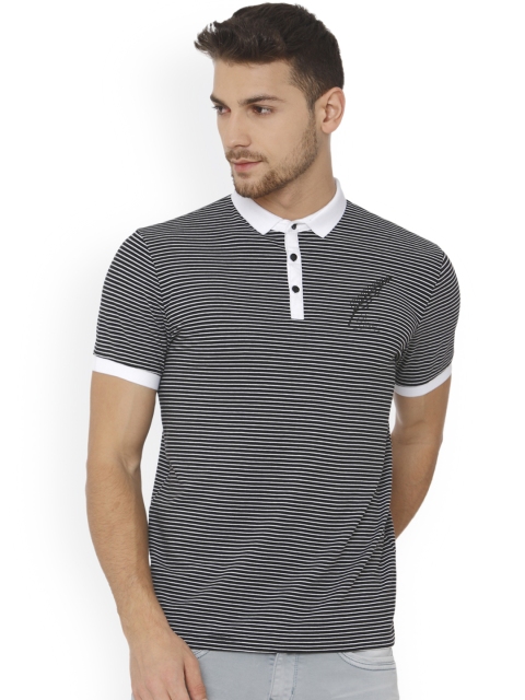 Rex Straut Jeans Men Black Striped Polo Collar T-shirt