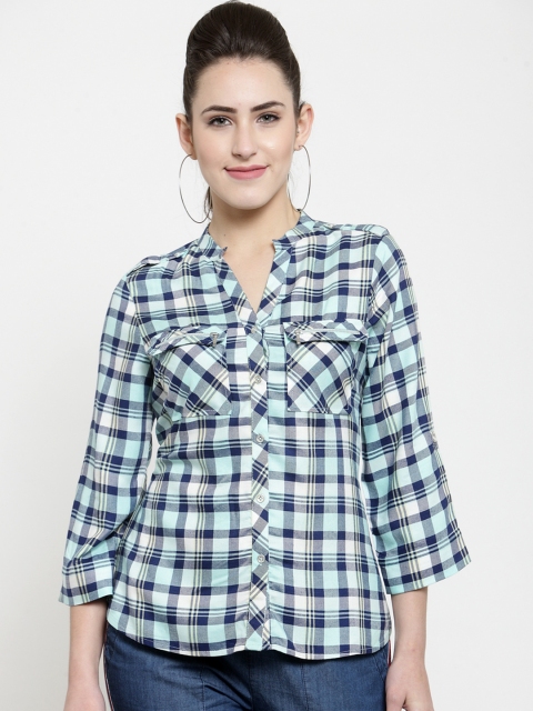 

Latin Quarters Women Turquoise Blue Checked Shirt Style Top