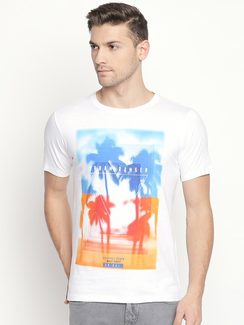 

Urban Ranger by pantaloons Men White Printed Slim Fit Round Neck Pure Cotton T-shirt