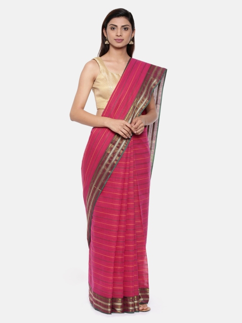 

Pavechas Pink Pure Cotton Striped Pochampally Saree