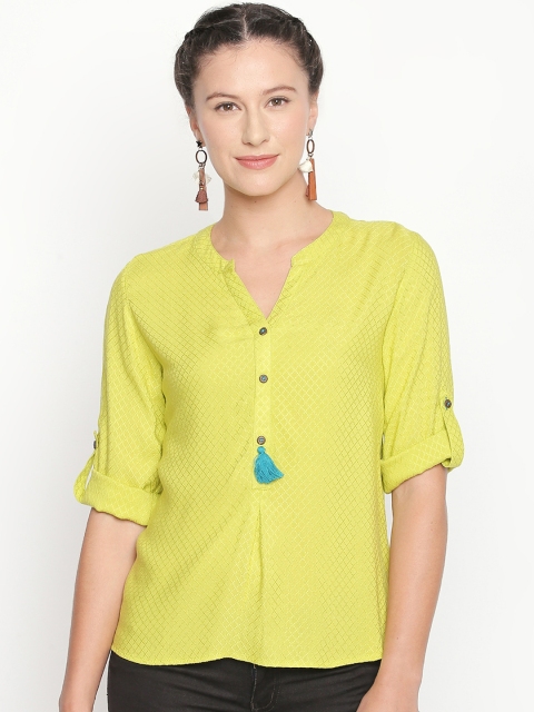 

AKKRITI BY PANTALOONS Women Lime Green Self Design Shirt Style Top