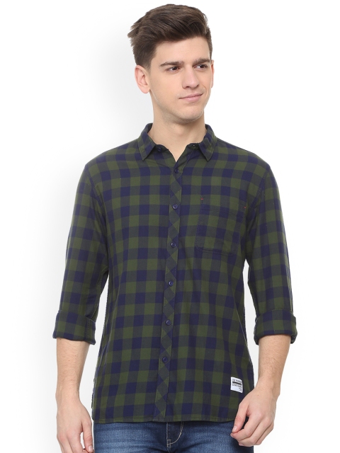 

People Men Olive Green & Navy Blue Regular Fit Checked Casual Shirt