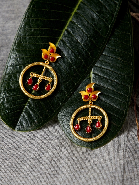 

PANASH Red Gold-Plated Handcrafted Leaf Shaped Drop Earrings
