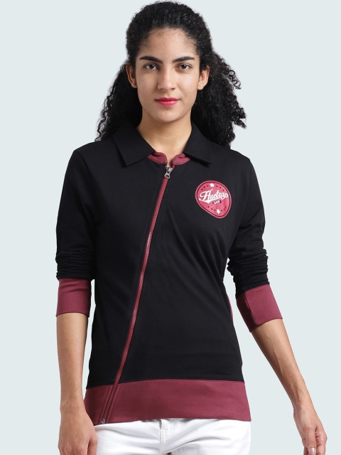 

Huetrap Women Black & Maroon Colourblocked Front-Open Sweatshirt
