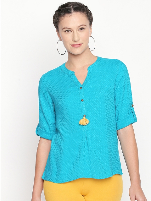 

AKKRITI BY PANTALOONS Women Turquoise Blue Self Design Shirt Style Top