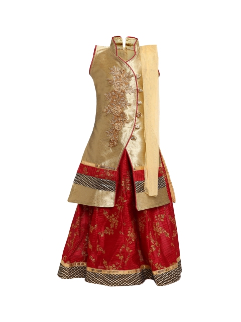 

Aarika Girls Maroon & Gold-Toned Embroidered Ready to Wear Lehenga & Blouse with Dupatta