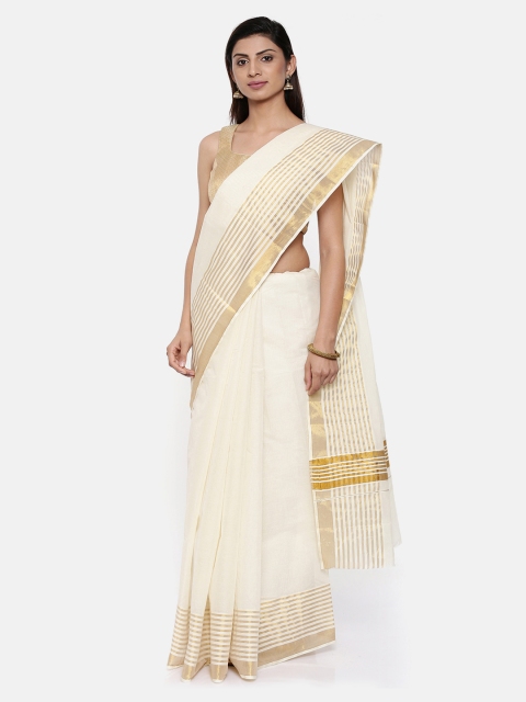 

Pavechas Off-White Pure Cotton Solid Kasavu Saree