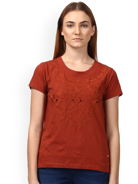 Park Avenue Women Brown Self Design Round Neck T-shirt