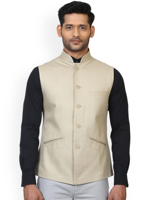 

ethnix Men Khaki-Coloured Solid Pure Cotton Nehru Jacket