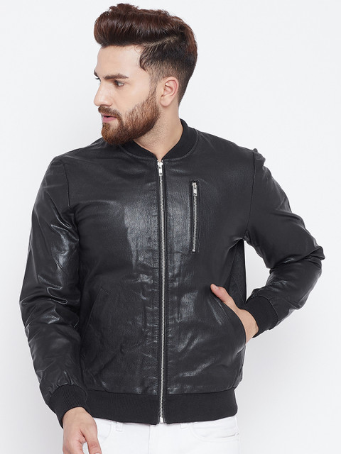 

Hypernation Men Black Solid Leather Jacket