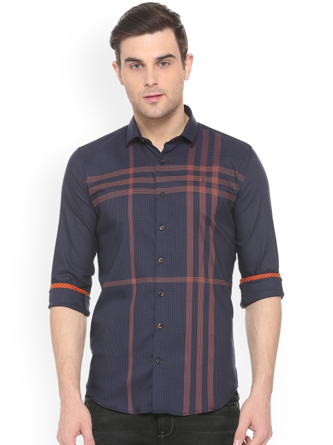 V Dot Men Blue Slim Fit Checked Casual Shirt