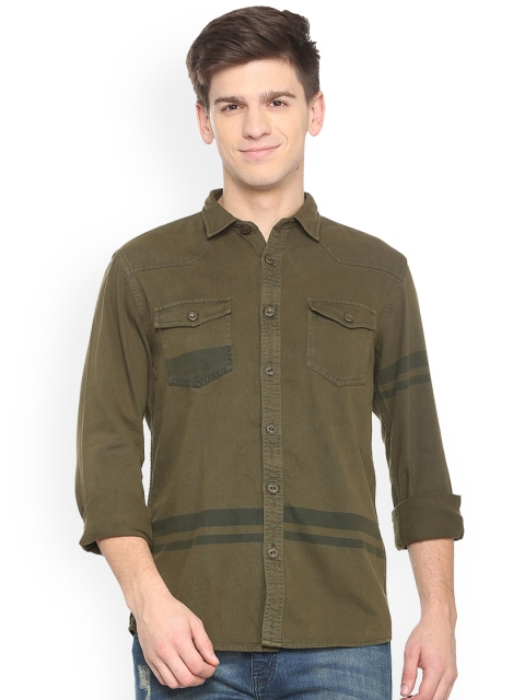 

People Men Olive Green Slim Fit Solid Casual Shirt