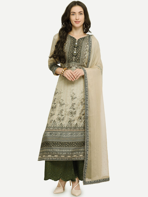 

Rajnandini Beige and Olive Green Embroidered Semi-Stitched Dress Material