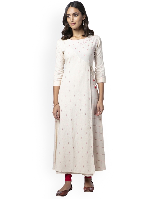 

Soch Women Off-White & Pink Printed A-Line Angrakha Kurti