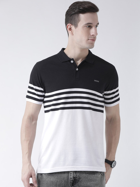 

Club York Men White Striped Polo Collar T-shirt