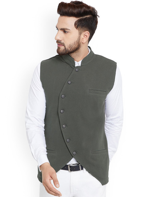 

Hypernation Men Grey Solid Woven Nehru Jacket