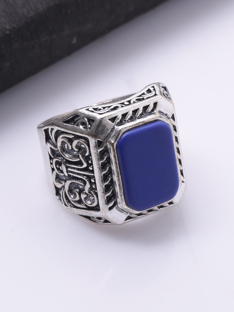 Dare by Voylla Men Silver-Toned & Blue Stone-Studded Finger Ring