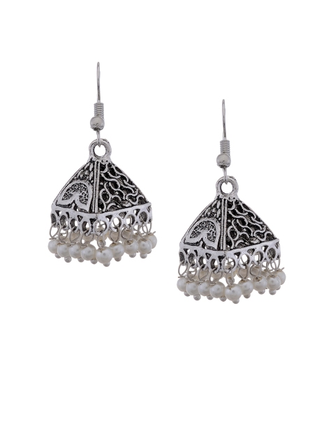 

Silvermerc Designs White & Silver-Plated Oxidised Dome Shaped Jhumkas