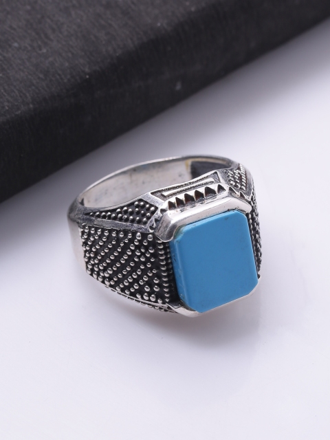 Dare by Voylla Men Silver-Toned & Blue Stone-Studded Finger Ring