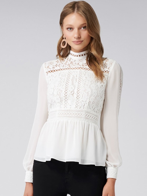 

Forever New Women Cream-Coloured Solid Cinched Waist Top with Lace