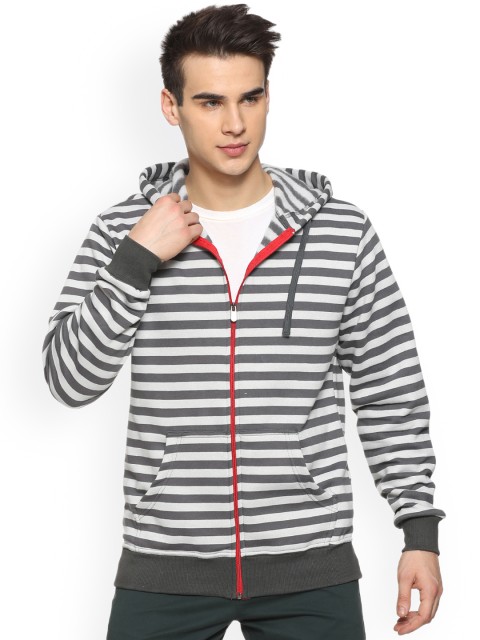 

Campus Sutra Men White Striped Hooded Sweatshirt