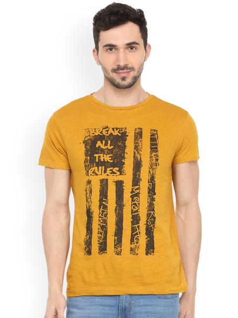 

People Men Yellow Printed Round Neck T-shirt