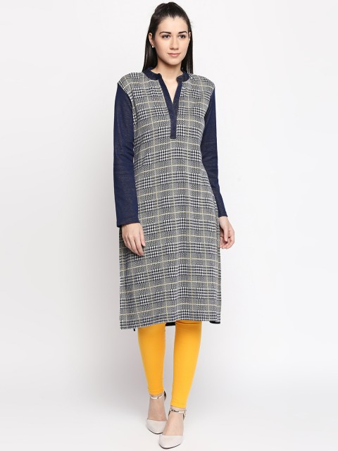 

RANGMANCH BY PANTALOONS Women Off-White & Navy Blue Checked Straight Kurta