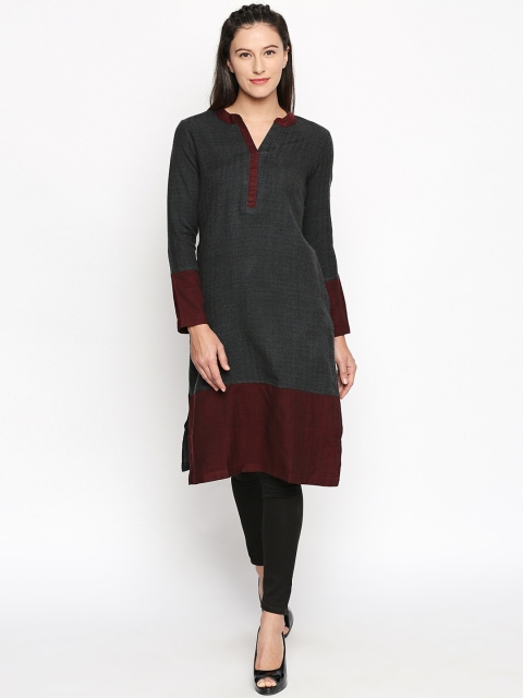 

RANGMANCH BY PANTALOONS Women Charcoal Grey & Maroon Colourblocked Straight Kurta