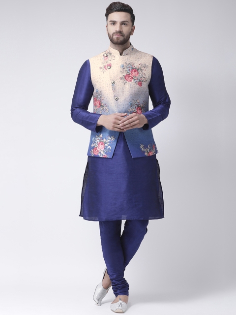 

I Know Men Blue & Cream-Coloured Solid Kurta with Churidar & Printed Nehru Jacket