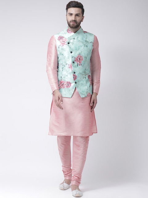 

I Know Men Pink & Sea Green Solid Kurta with Churidar & Printed Nehru Jacket