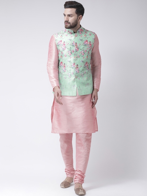 

I Know Men Pink & Sea Green Solid Kurta with Churidar & Printed Nehru Jacket